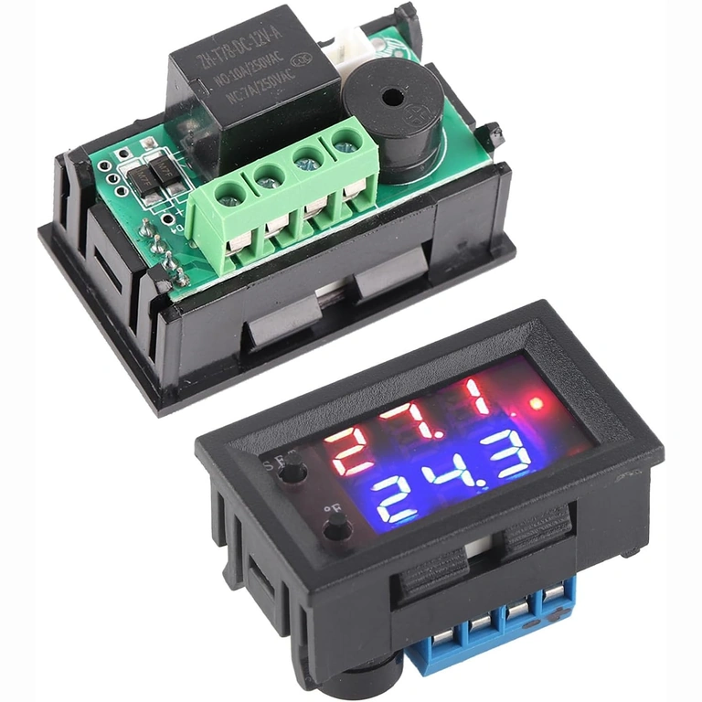 Μπροστινή και πίσω όψη θερμοστάτη με οθόνη και ακροδέκτες