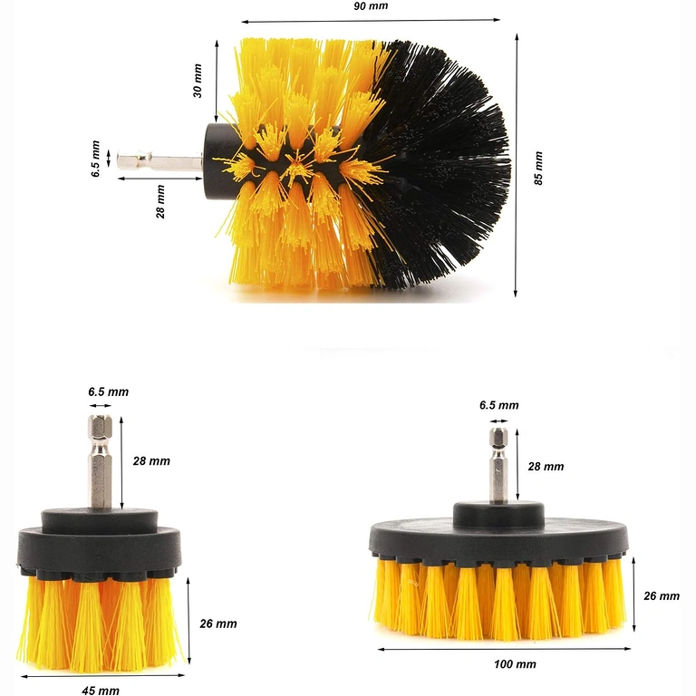 Εικόνα με τις 3 βούρτσες και τις διαστάσεις τους: 12cm, 8,5cm, 5cm