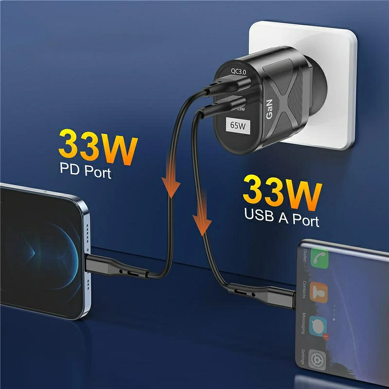 Συμπαγής φορτιστής με δύο θύρες Συμπαγής φορτιστής GaN με θύρες USB-C και USB-A, ιδανικός για ταξίδια