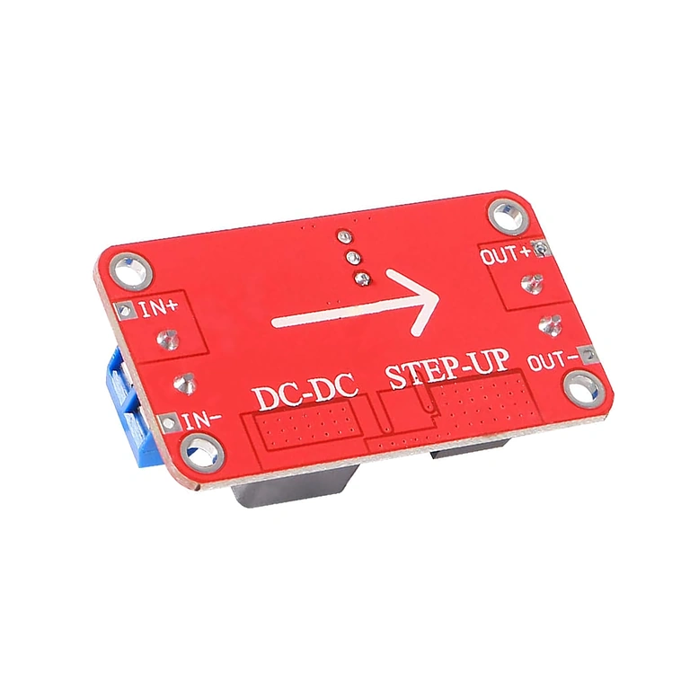Module XL6019 DC-DC Boost Converter – πίσω όψη Μετατροπέας XL6019 DC-DC Boost, πίσω όψη με εμφανείς συνδέσεις εισόδου και εξόδου