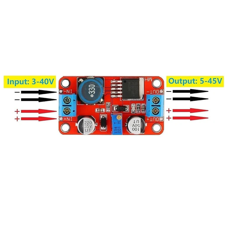 Module XL6019 DC-DC Boost Converter – διάγραμμα σύνδεσης Διάγραμμα σύνδεσης της μονάδας XL6019 DC-DC Boost Converter, που δείχνει εισόδους και εξόδους για εύκολη εγκατάσταση