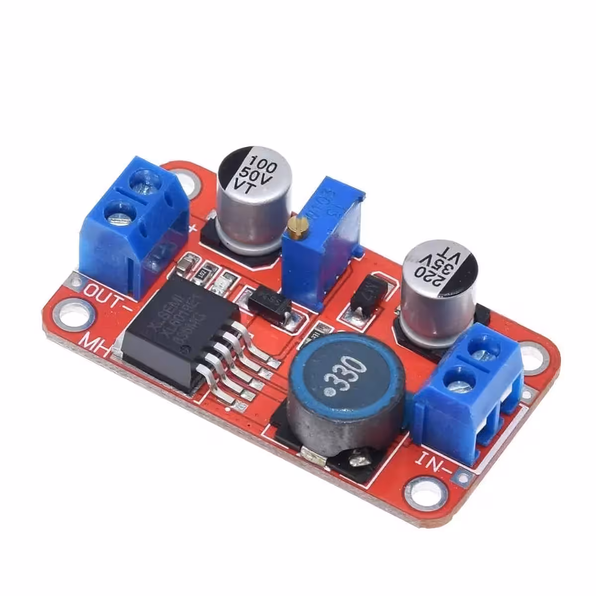 Λεπτομερής όψη των εσωτερικών εξαρτημάτων της μονάδας XL6019, περιλαμβανομένων MOSFET και κυκλώματος ελέγχου