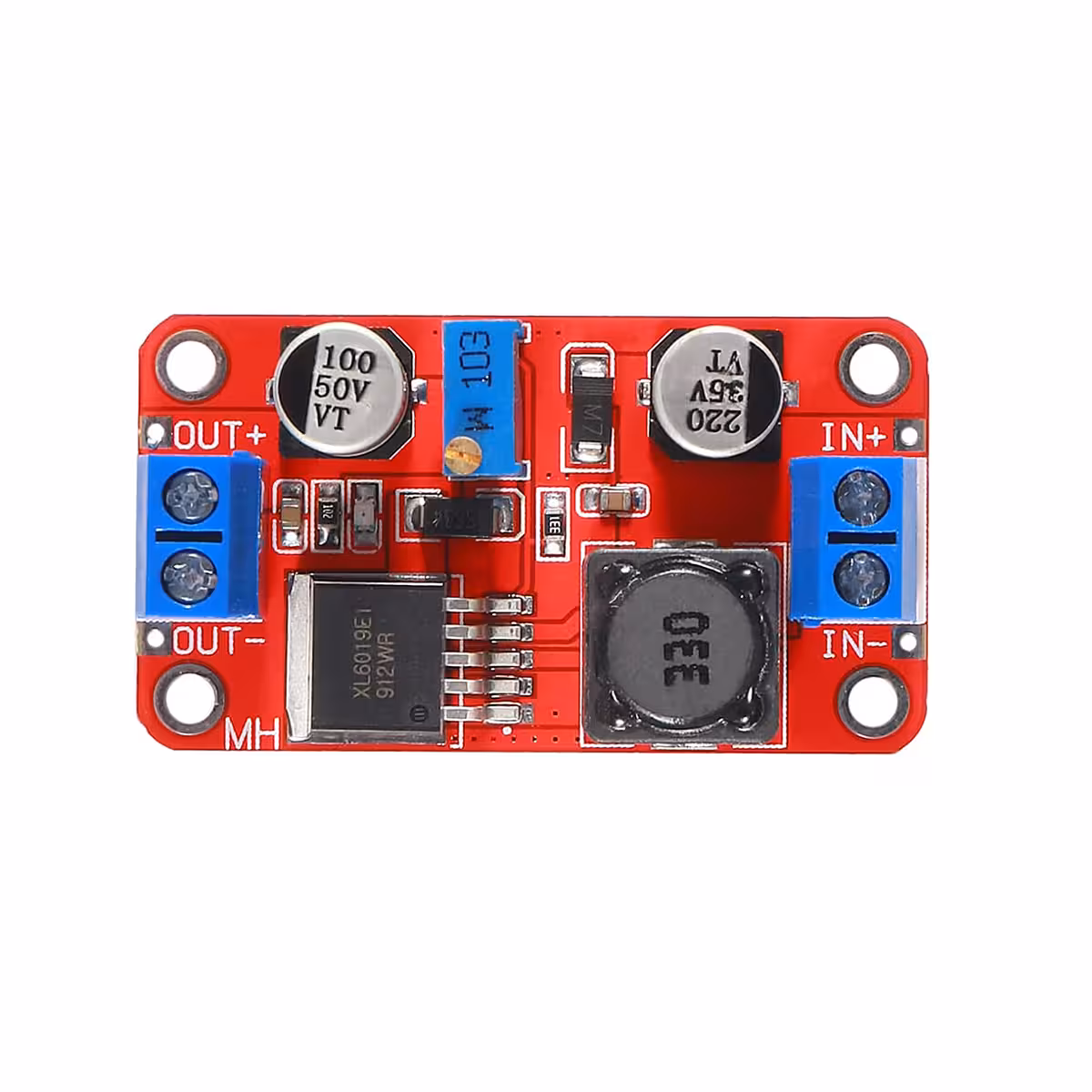 Μετατροπέας XL6019 DC-DC Boost, άνωθεν γωνιακή όψη, ιδανική για παρατήρηση συνδέσμων και σχεδίου