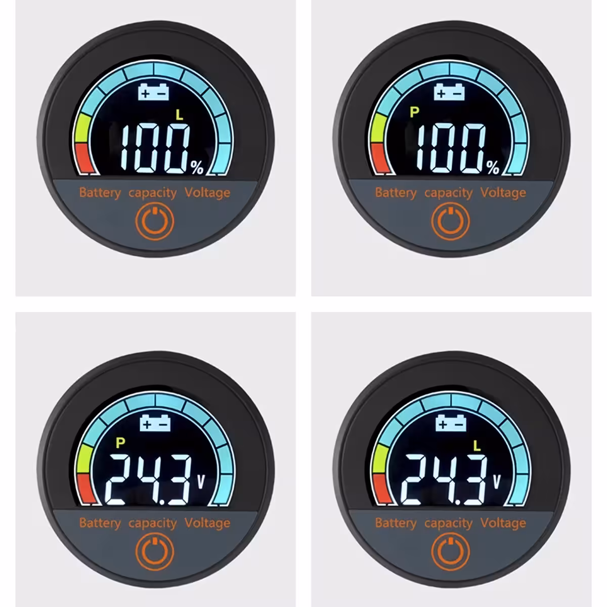 Κοντινή όψη έγχρωμης οθόνης LCD ψηφιακού δείκτη, ένδειξη τάσης και ποσοστού μπαταρίας, Li-ion και LiFePO4 12V–72V
