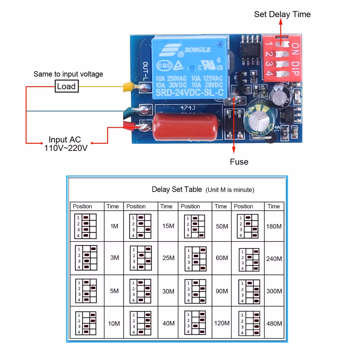 Μονάδα ρελέ χρονοδιακόπτη – θέση DIP switches για επιθυμητό διάστημα
