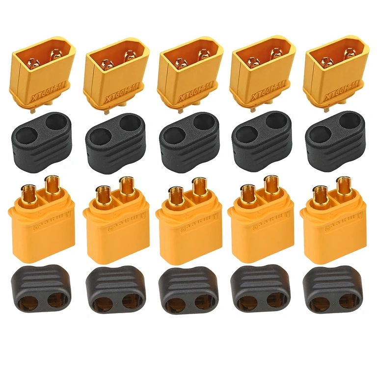 Άνω όψη σετ 5 συνδέσμων XT60H, εμφανίζοντας τις χρυσές επαφές