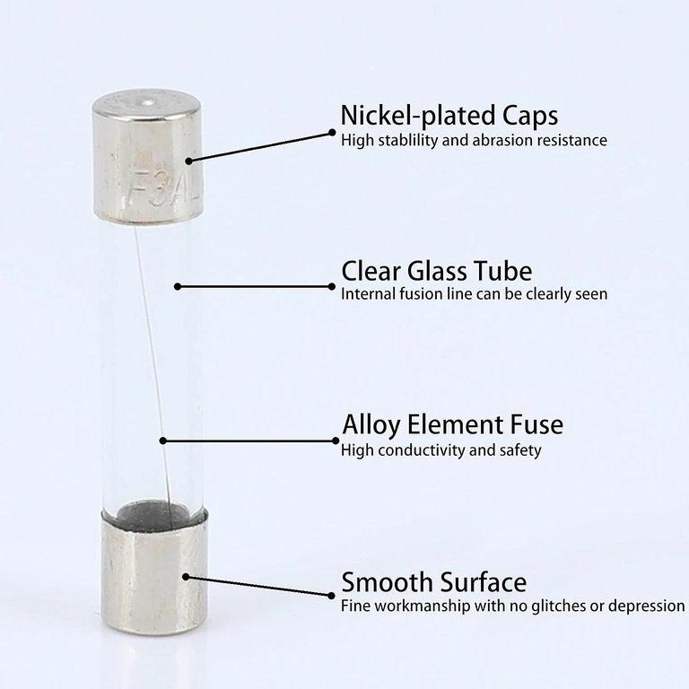 Λεπτομέρεια μεταλλικών ακροδεκτών ασφάλειας 10A 5x20mm